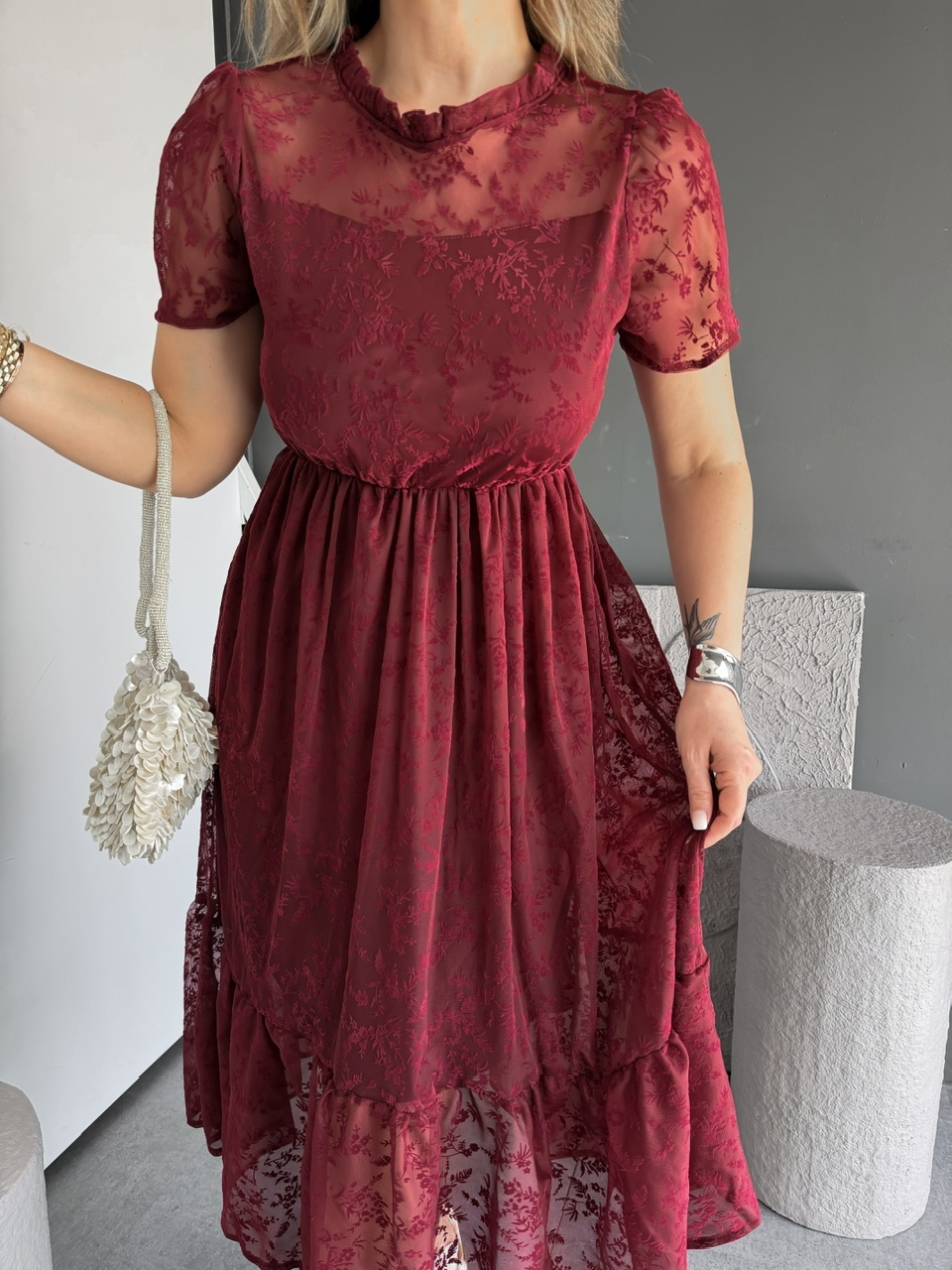 Bordo Tül Çiçek Desenli Elbise