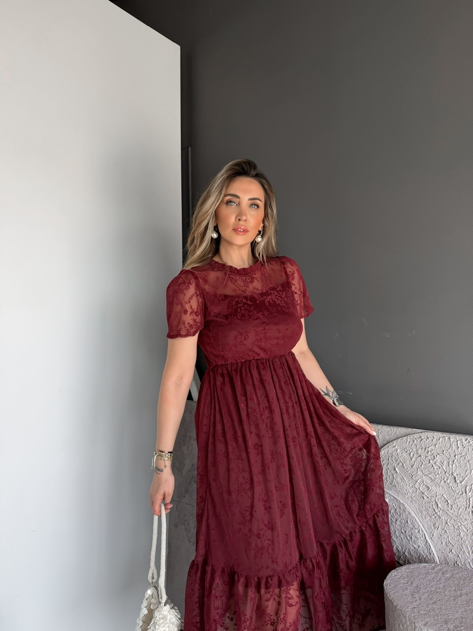 Bordo Tül Çiçek Desenli Elbise