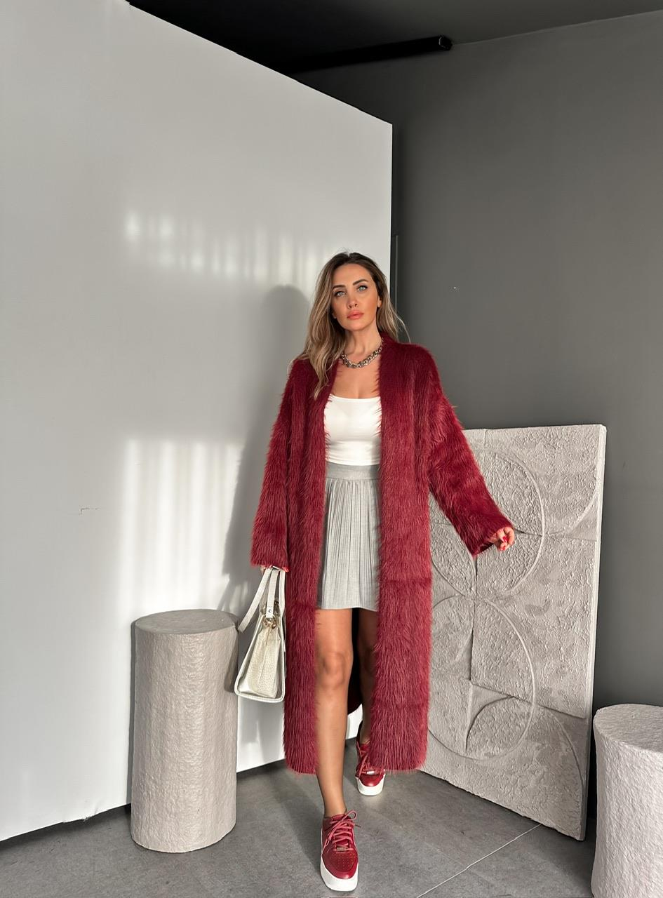 Bordo Uzun Tüylü Maxi Hırka