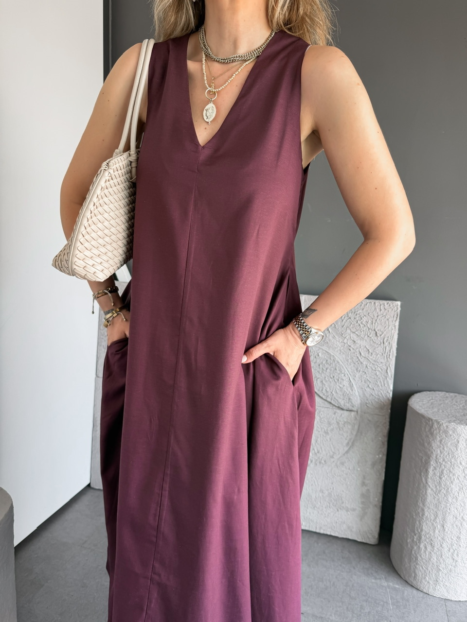 Bordo V Yaka Kloş Kesim Cepli Elbise