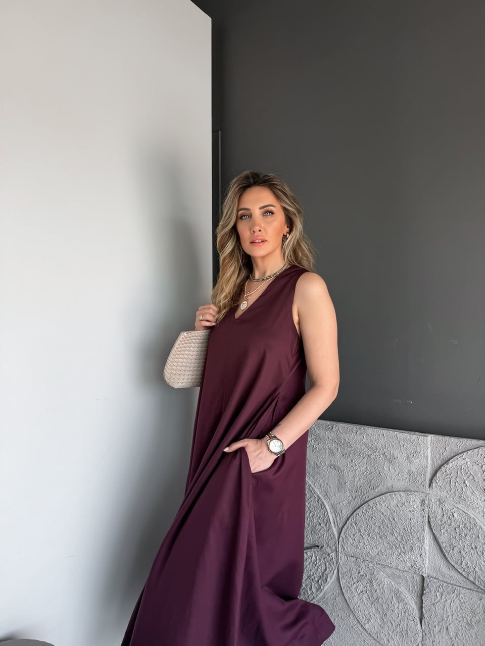 Bordo V Yaka Kloş Kesim Cepli Elbise