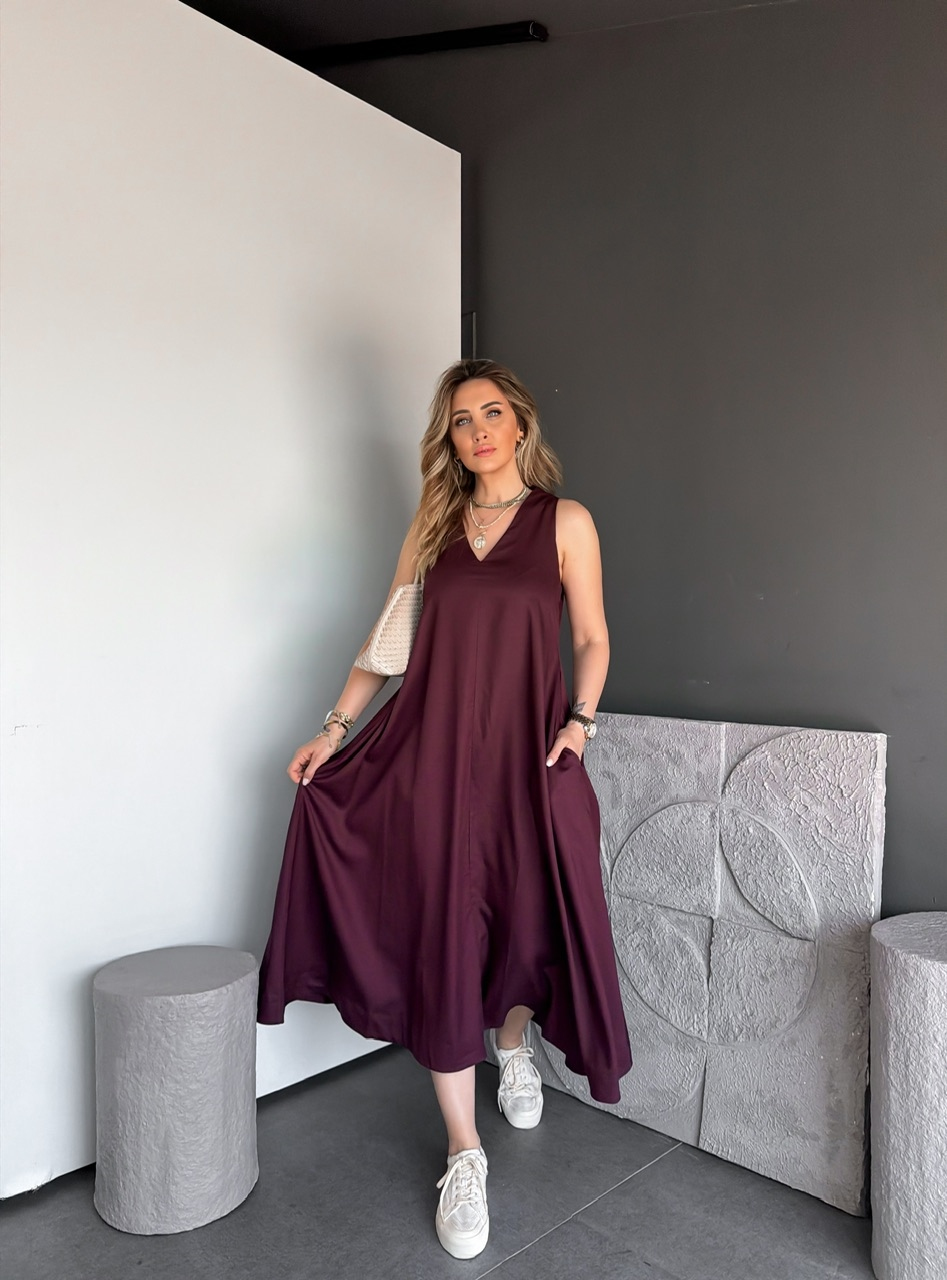 Bordo V Yaka Kloş Kesim Cepli Elbise