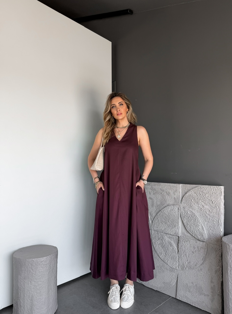 Bordo V Yaka Kloş Kesim Cepli Elbise