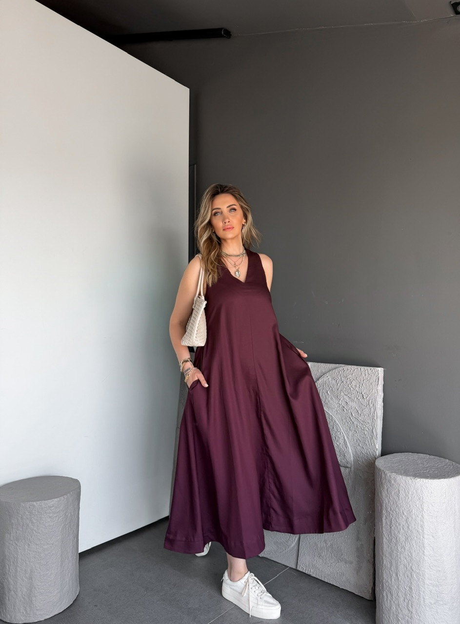 Bordo V Yaka Kloş Kesim Cepli Elbise
