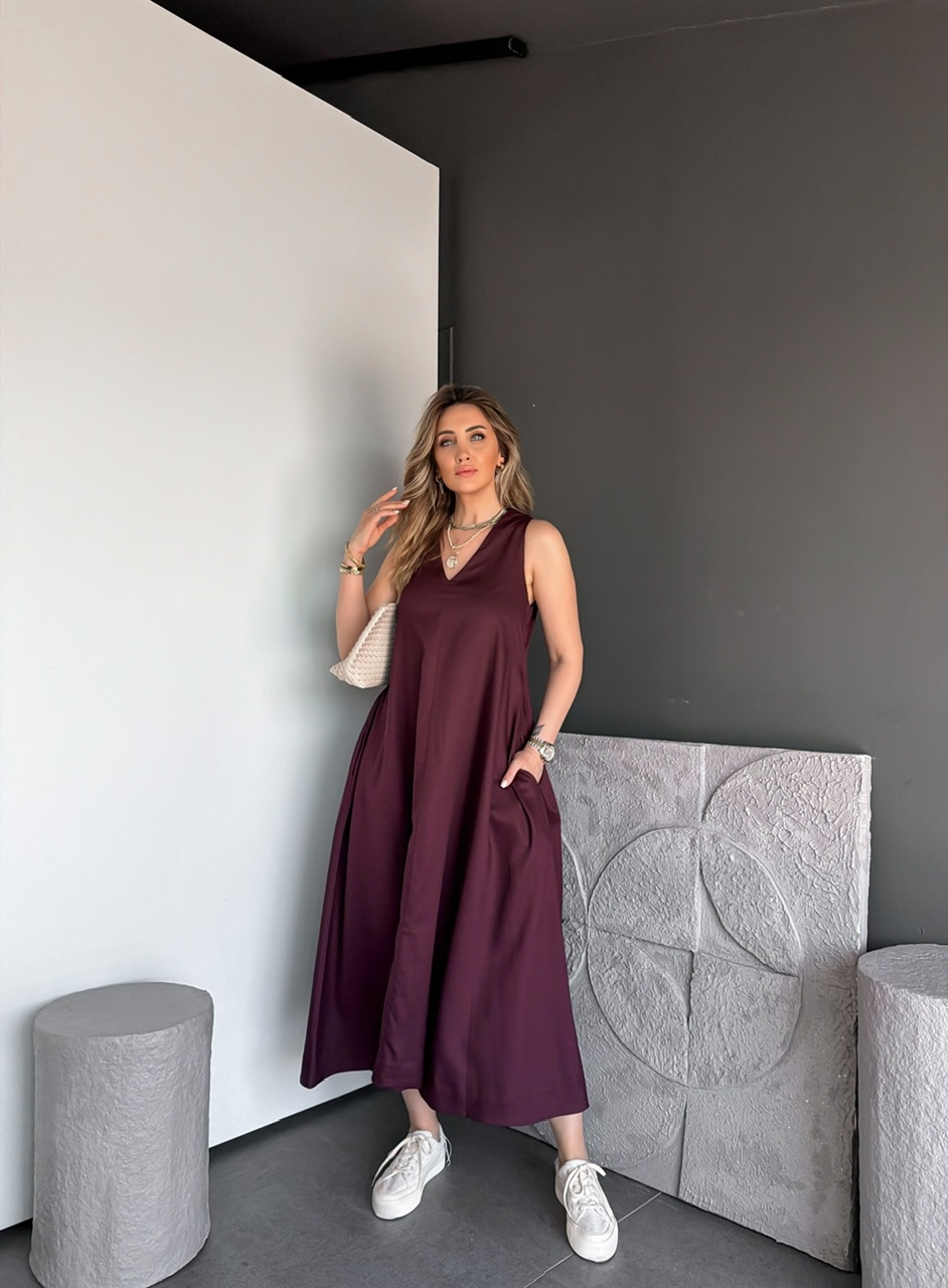 Bordo V Yaka Kloş Kesim Cepli Elbise