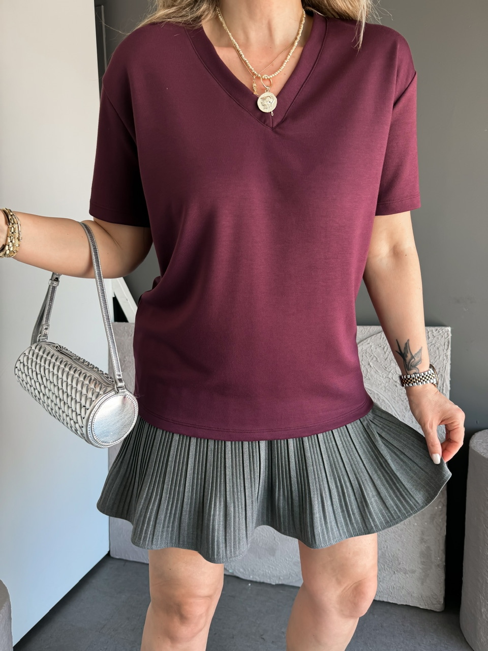 Bordo V Yaka Modal Basic Tshirt