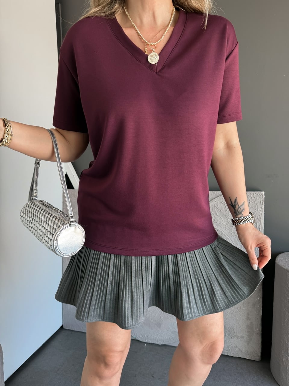 Bordo V Yaka Modal Basic Tshirt