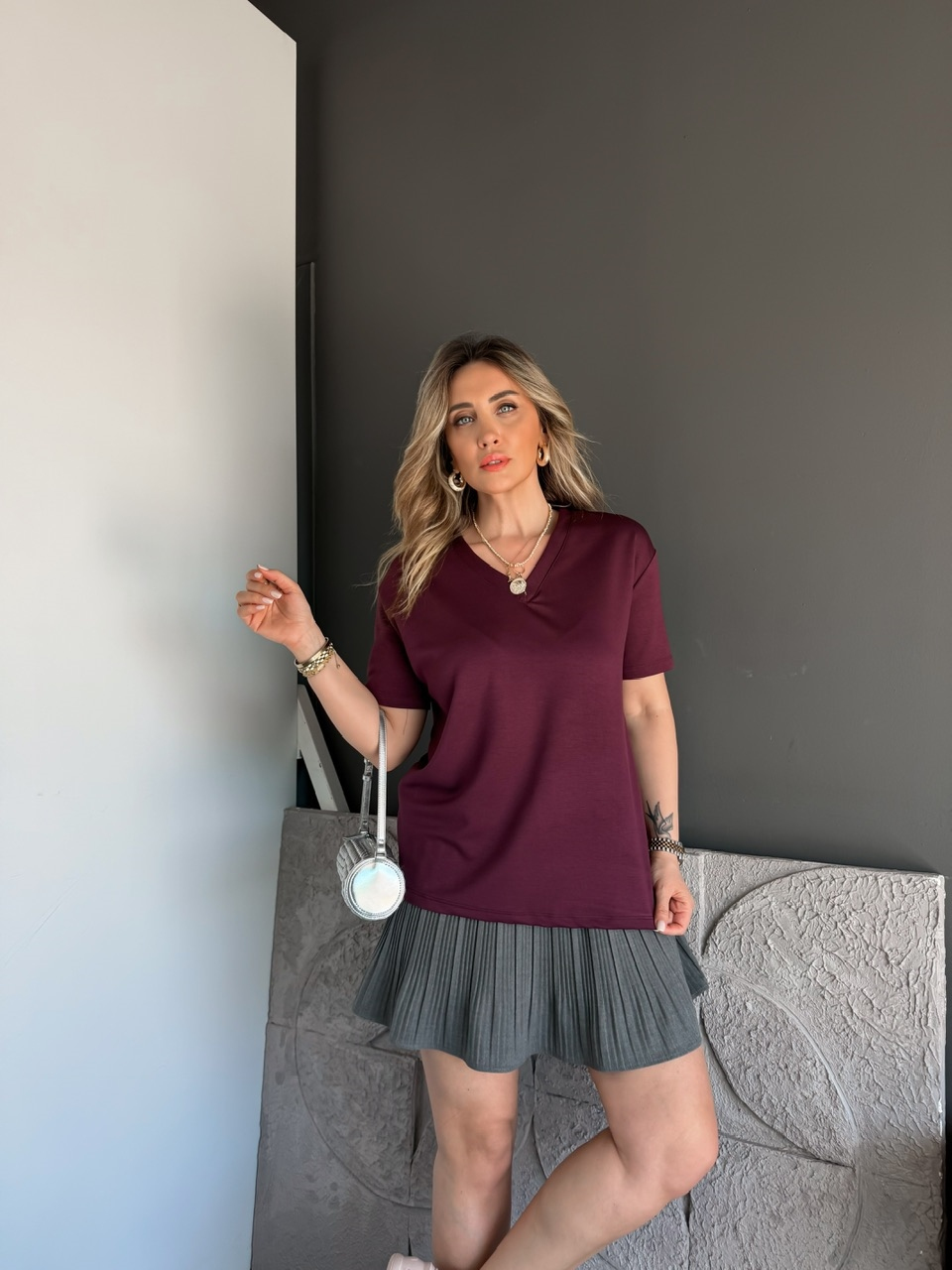 Bordo V Yaka Modal Basic Tshirt