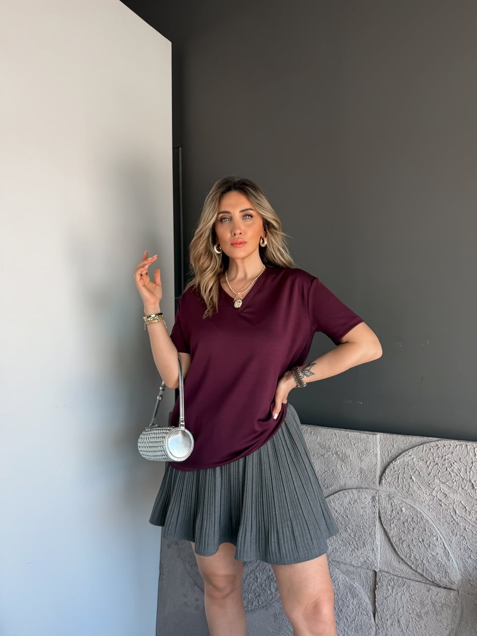 Bordo V Yaka Modal Basic Tshirt