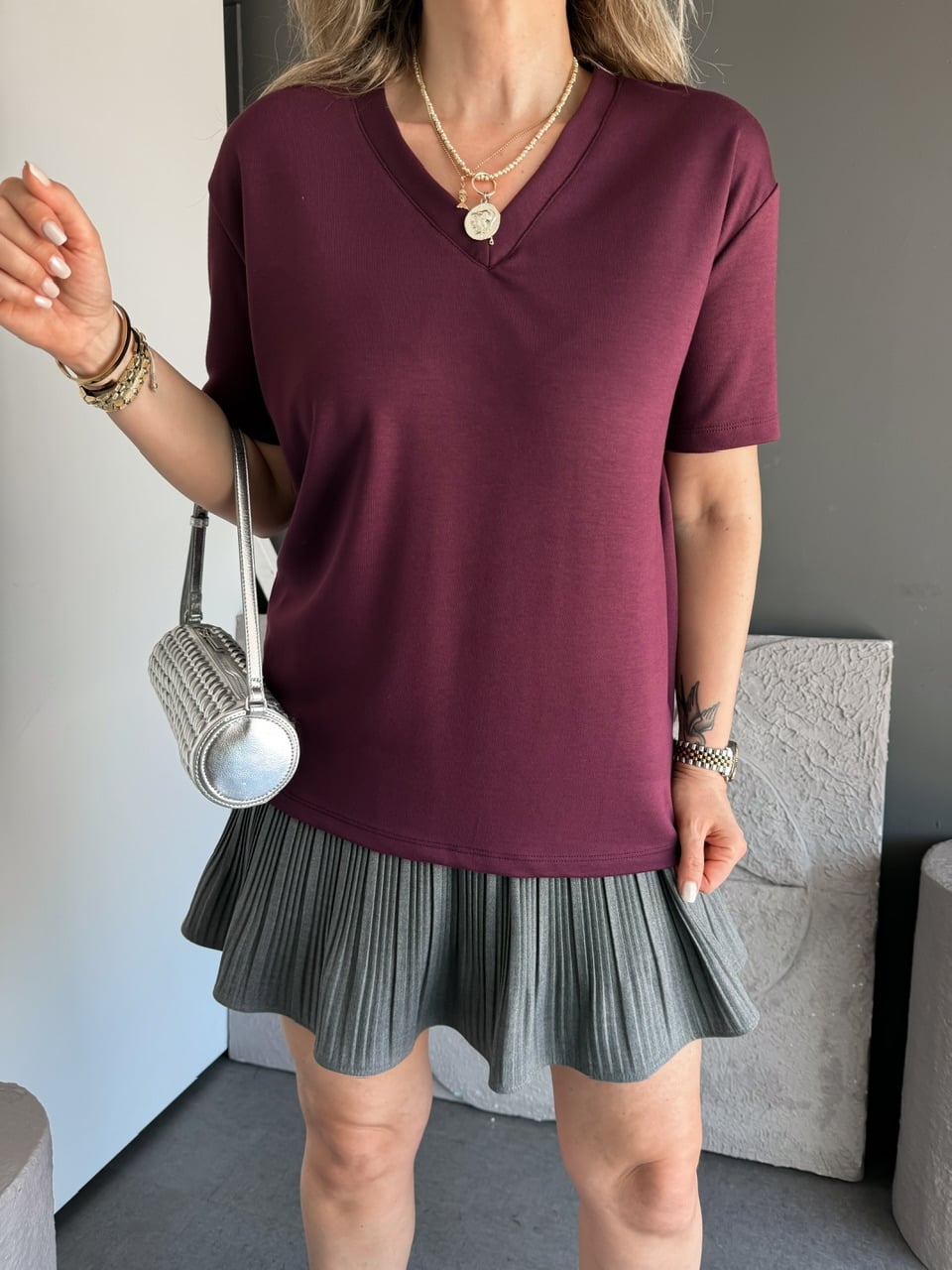 Bordo V Yaka Modal Basic Tshirt