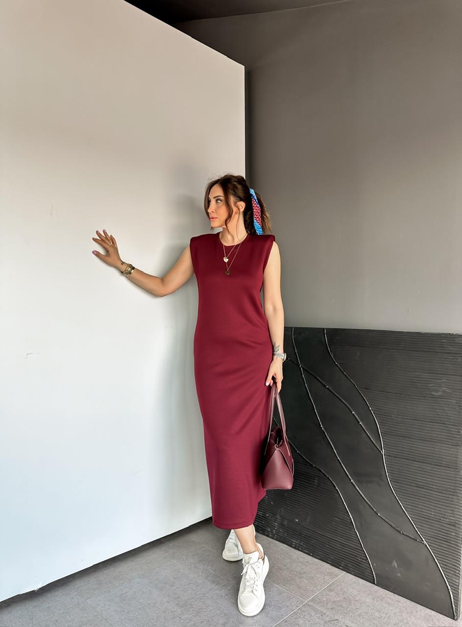 Bordo Vatkalı Likralı Basic Elbise
