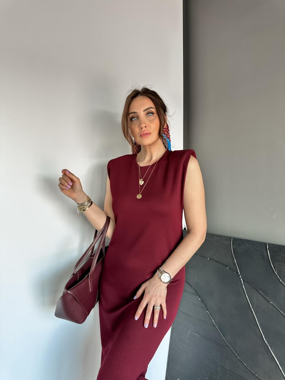 Bordo Vatkalı Likralı Basic Elbise