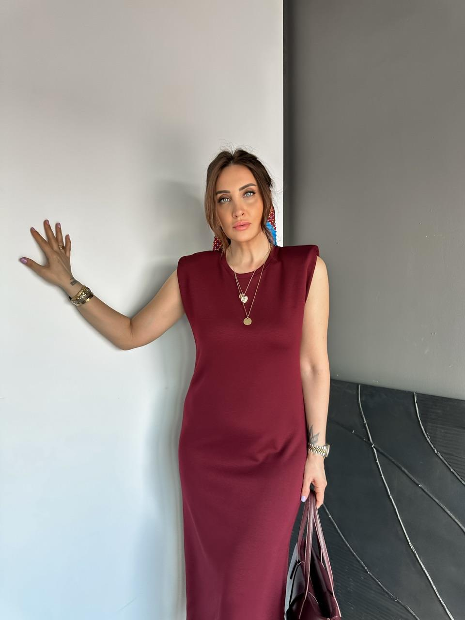 Bordo Vatkalı Likralı Basic Elbise