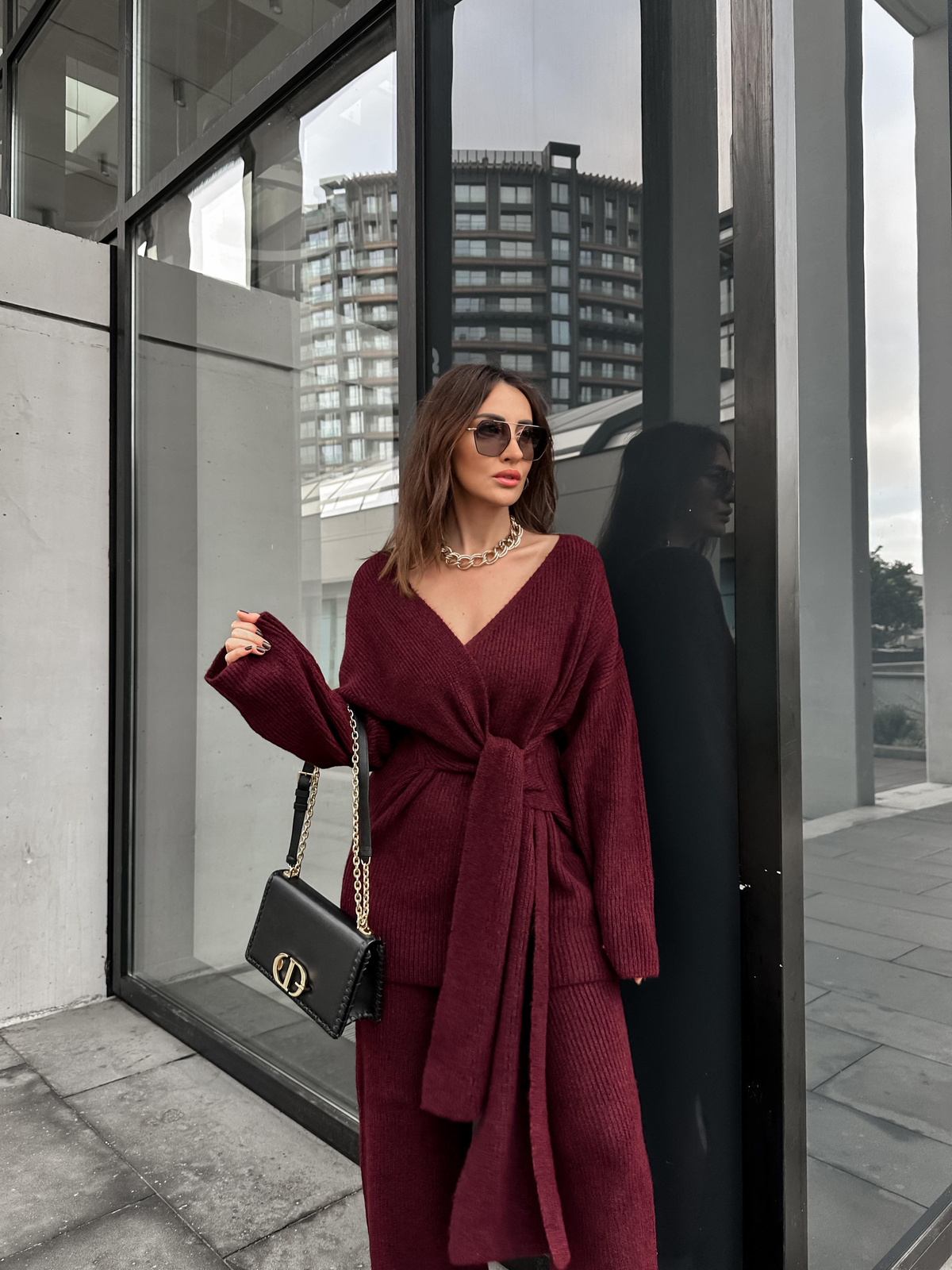 Bordo Yandan Bağlamalı Triko Takım