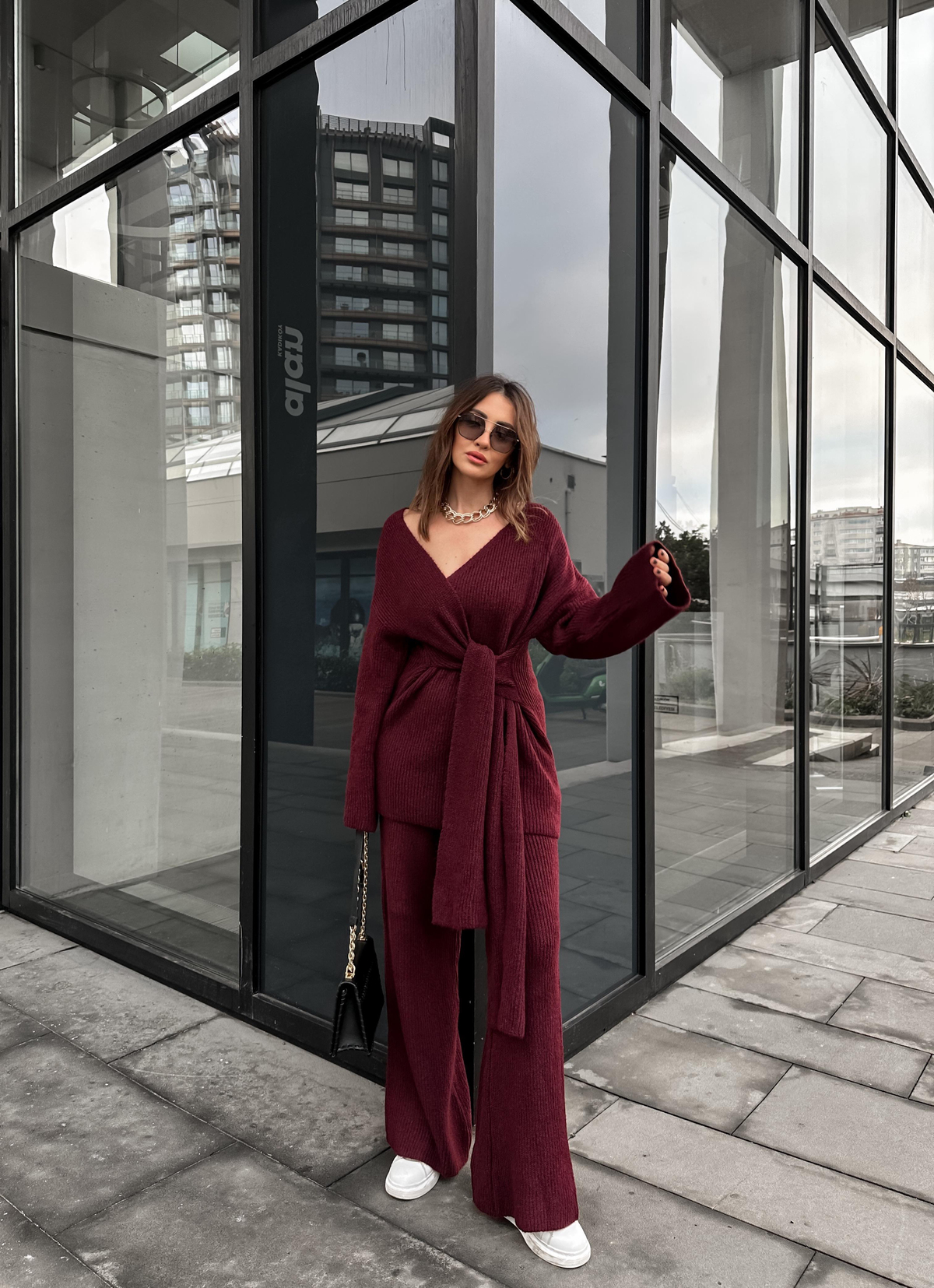 Bordo Yandan Bağlamalı Triko Takım