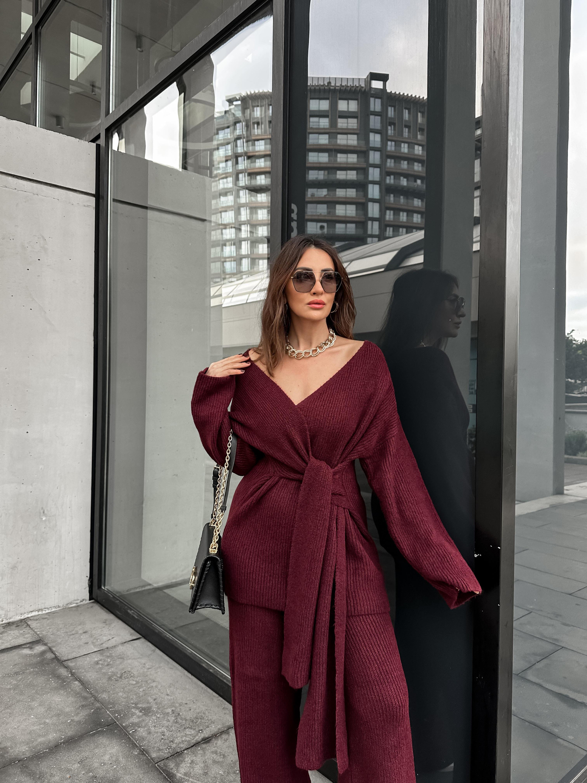 Bordo Yandan Bağlamalı Triko Takım