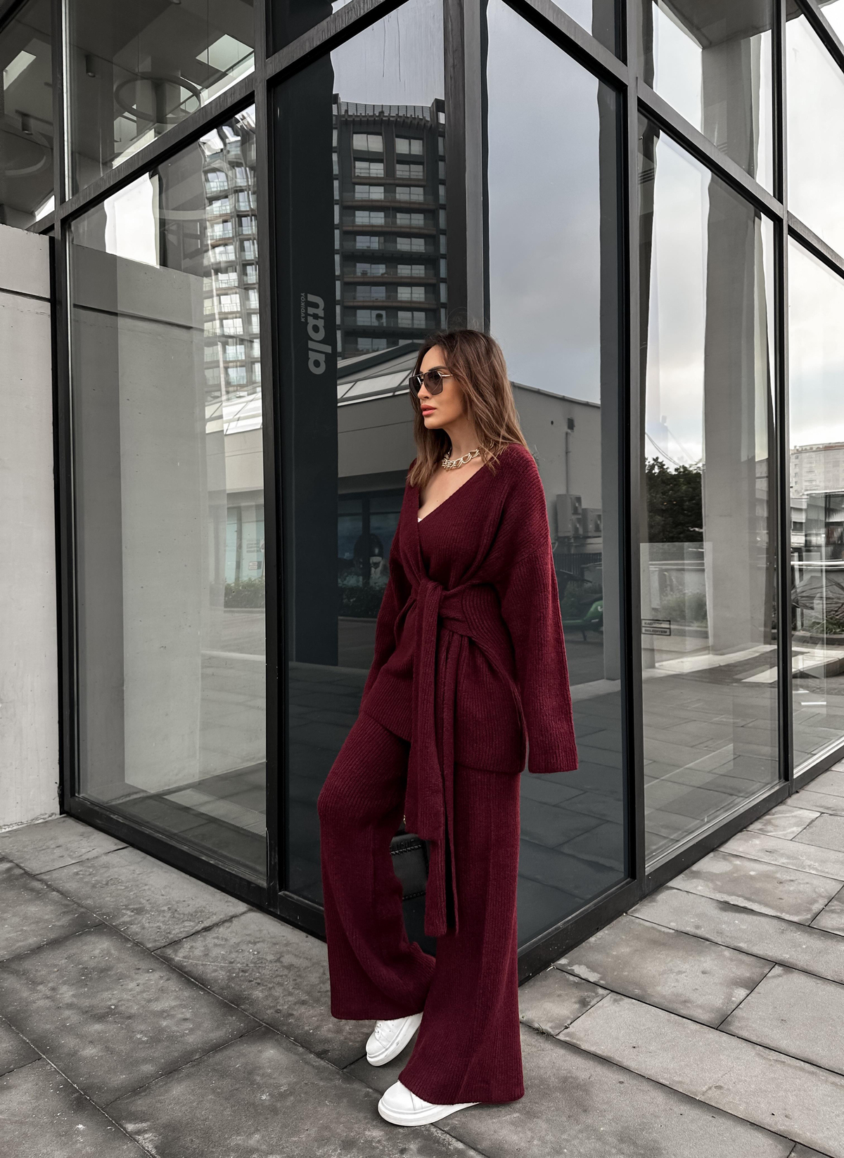 Bordo Yandan Bağlamalı Triko Takım