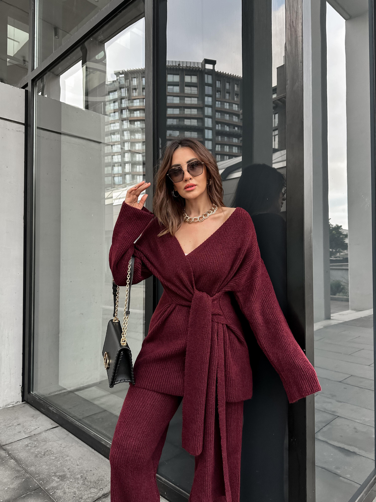 Bordo Yandan Bağlamalı Triko Takım