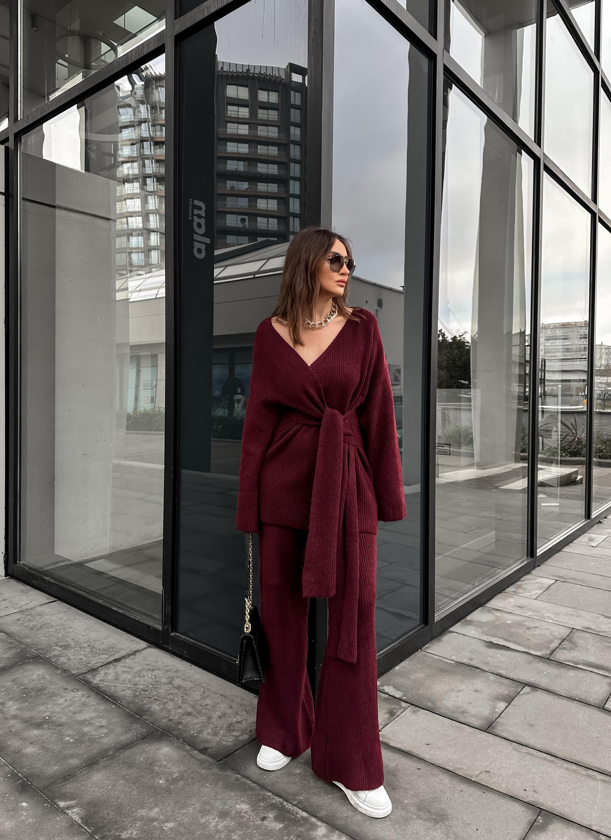 Bordo Yandan Bağlamalı Triko Takım