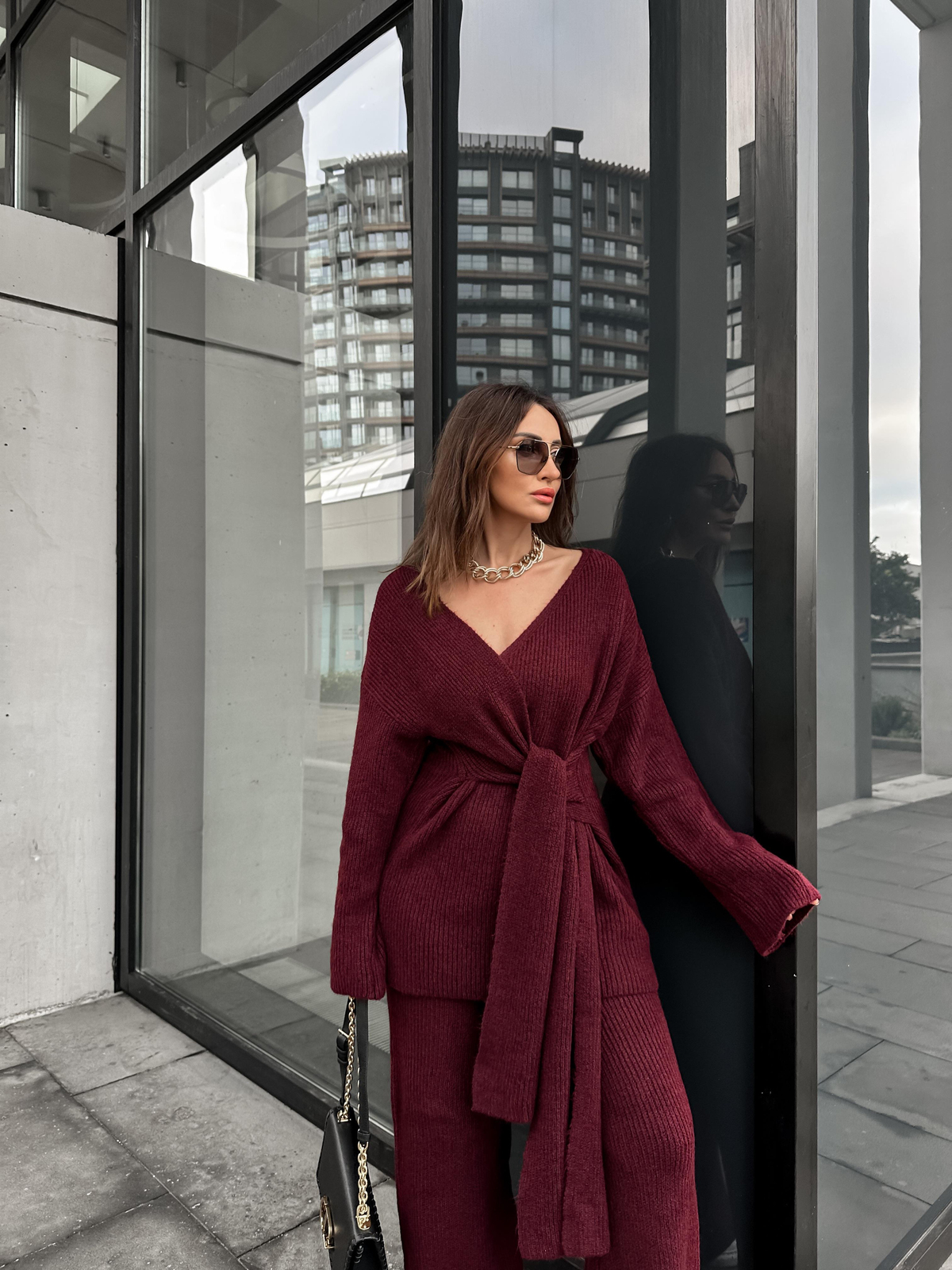 Bordo Yandan Bağlamalı Triko Takım