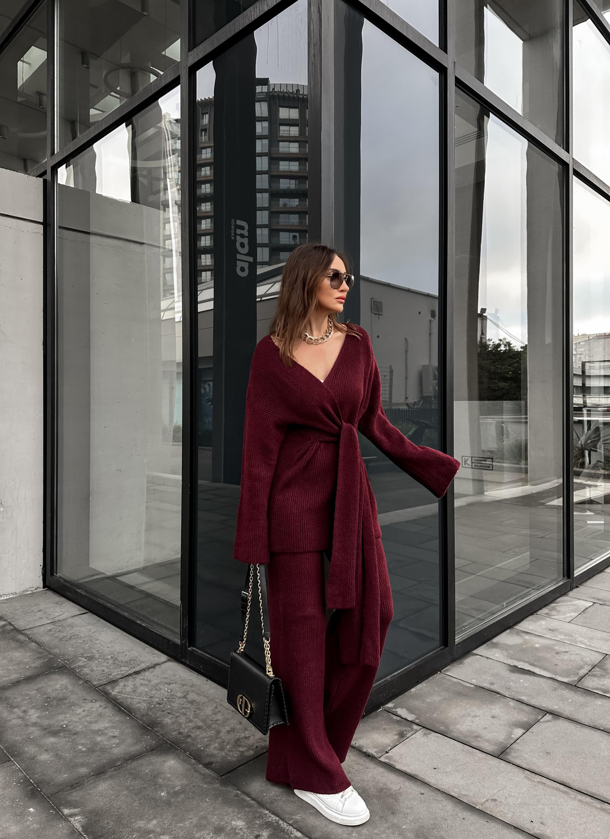 Bordo Yandan Bağlamalı Triko Takım