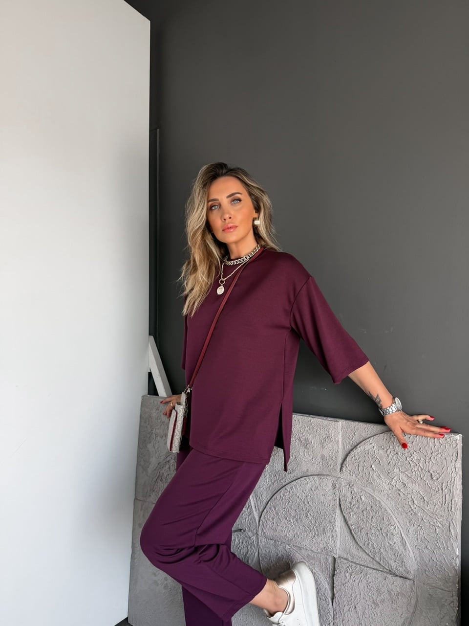 Bordo Yanları Yırtmaçlı Basic Modal Takım