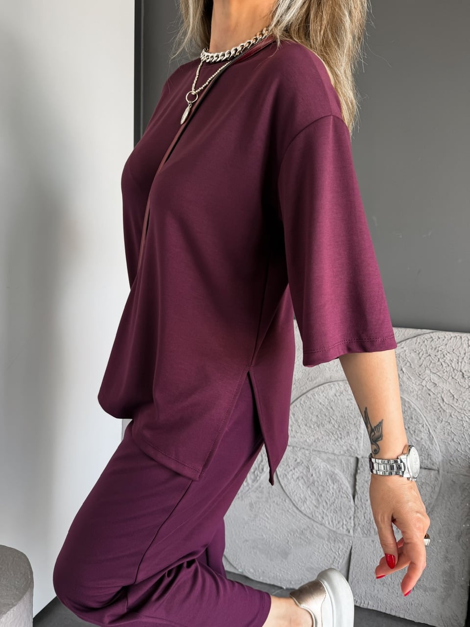 Bordo Yanları Yırtmaçlı Basic Modal Takım