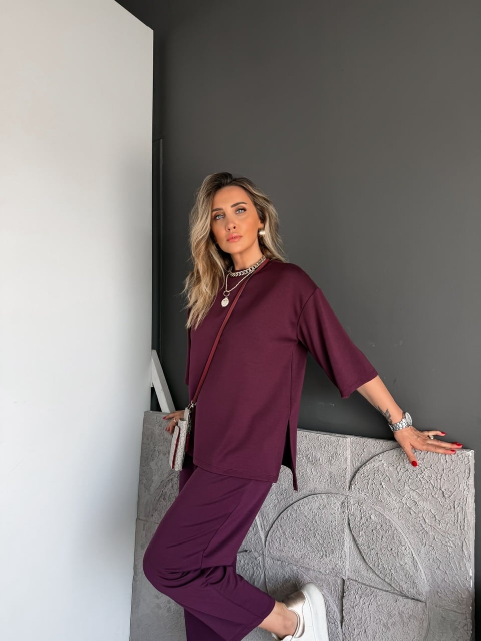 Bordo Yanları Yırtmaçlı Basic Modal Takım