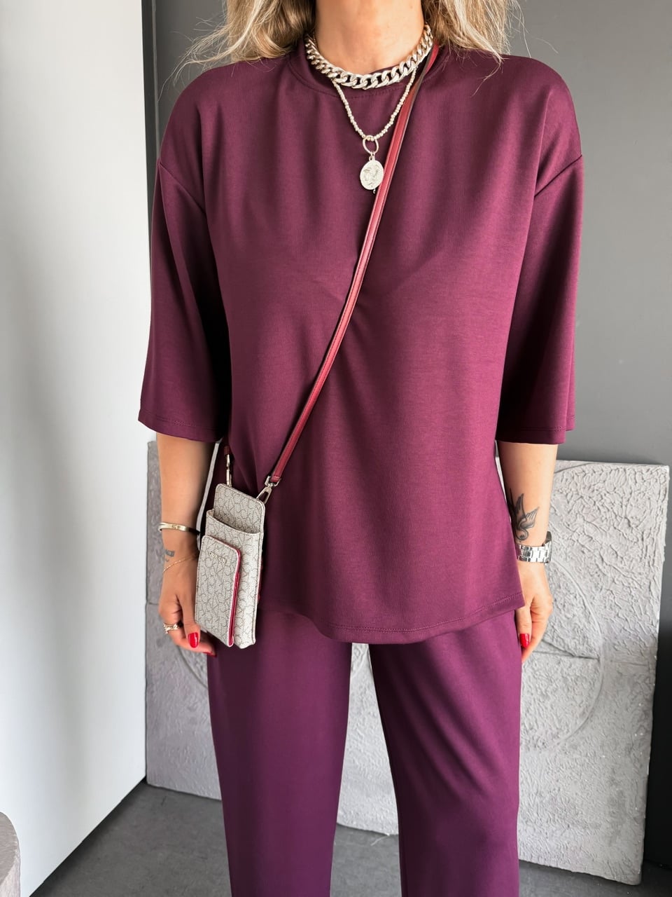 Bordo Yanları Yırtmaçlı Basic Modal Takım