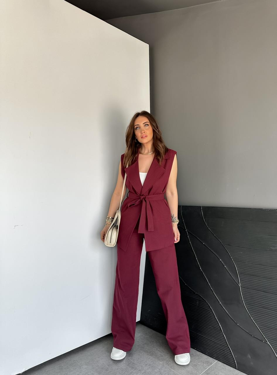 Bordo Yeleği Kuşaklı Keten Takım