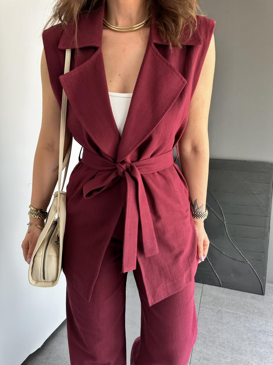 Bordo Yeleği Kuşaklı Keten Takım