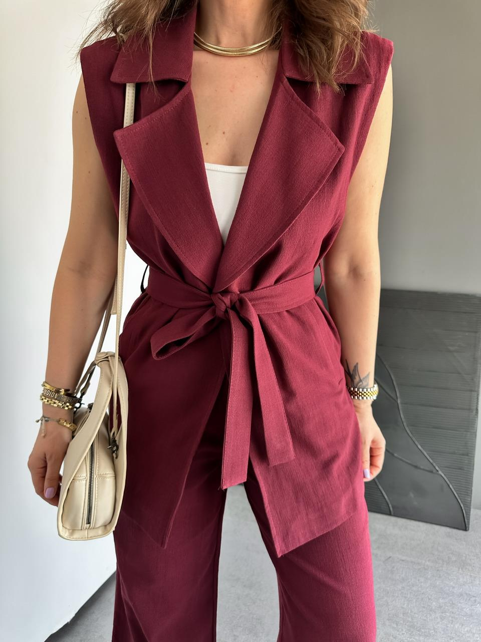 Bordo Yeleği Kuşaklı Keten Takım