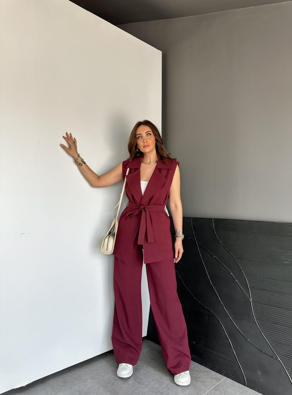 Bordo Yeleği Kuşaklı Keten Takım
