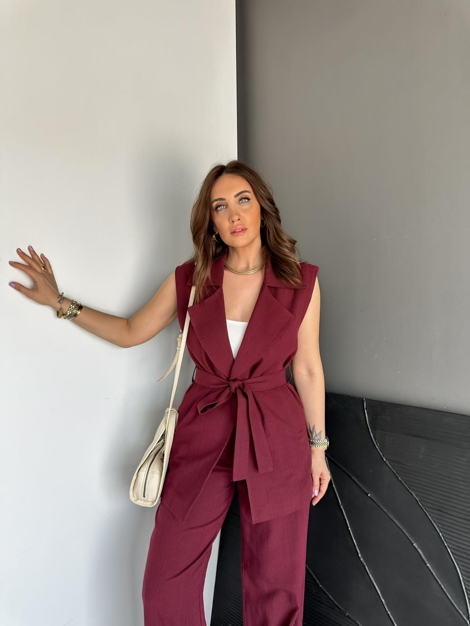 Bordo Yeleği Kuşaklı Keten Takım