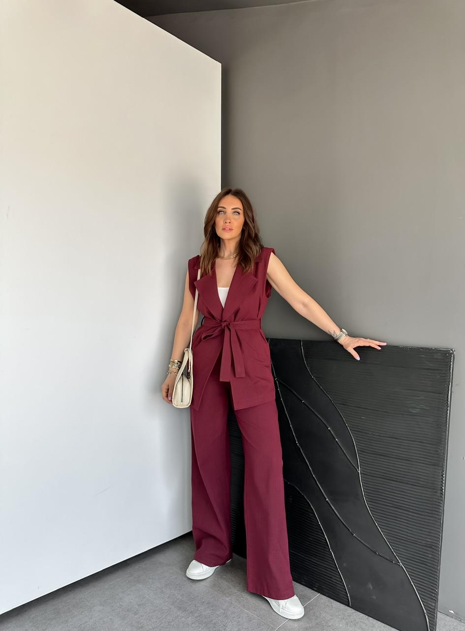 Bordo Yeleği Kuşaklı Keten Takım