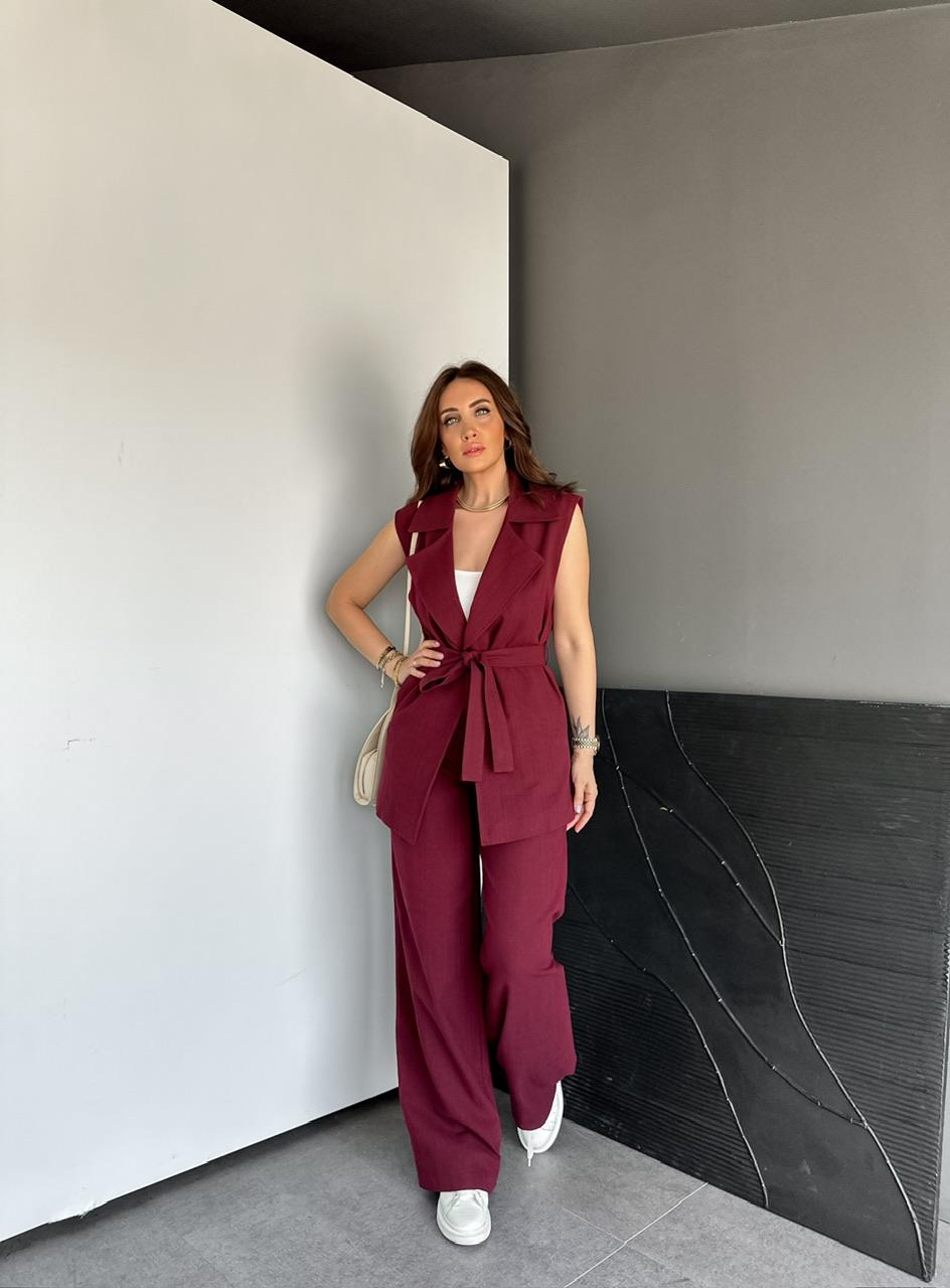 Bordo Yeleği Kuşaklı Keten Takım