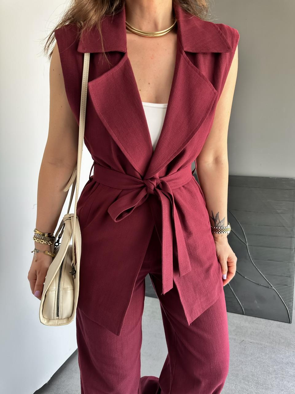 Bordo Yeleği Kuşaklı Keten Takım