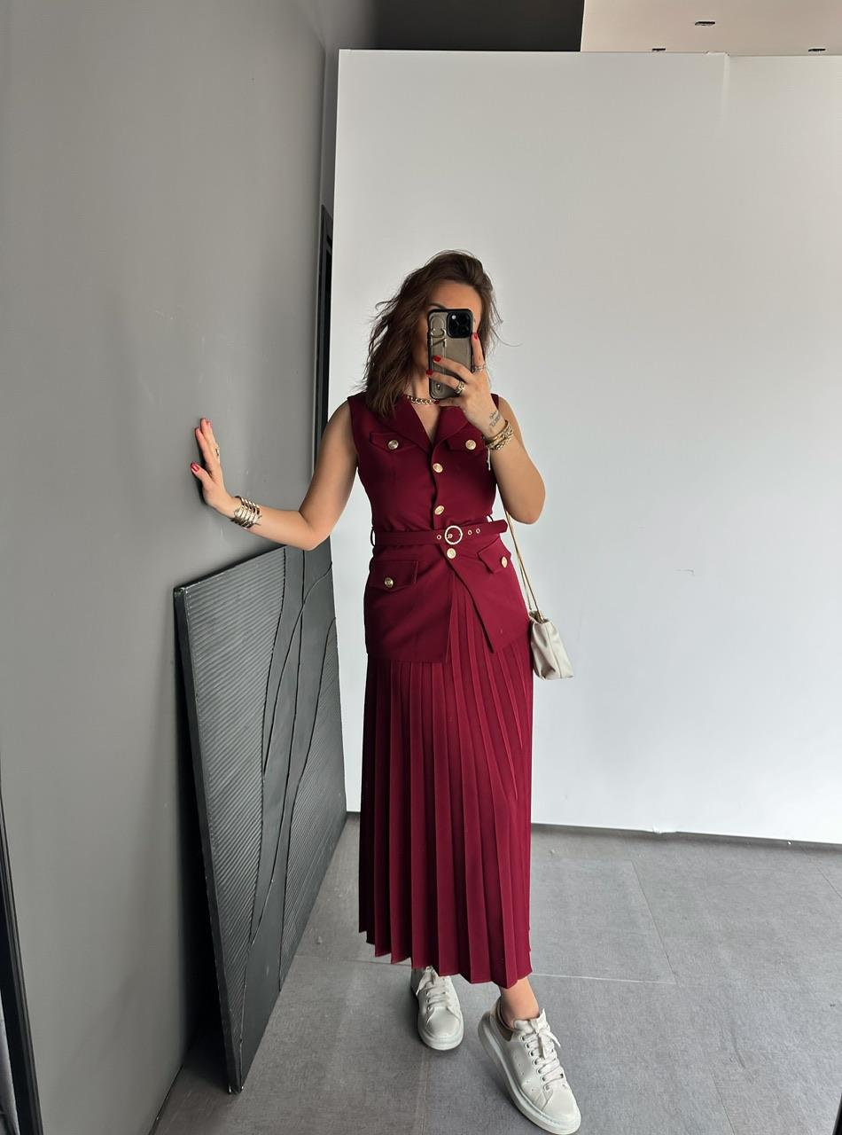 Bordo Yelekli Pilili Etekli Takım