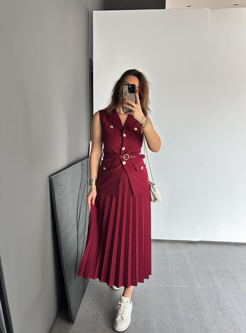 Bordo Yelekli Pilili Etekli Takım
