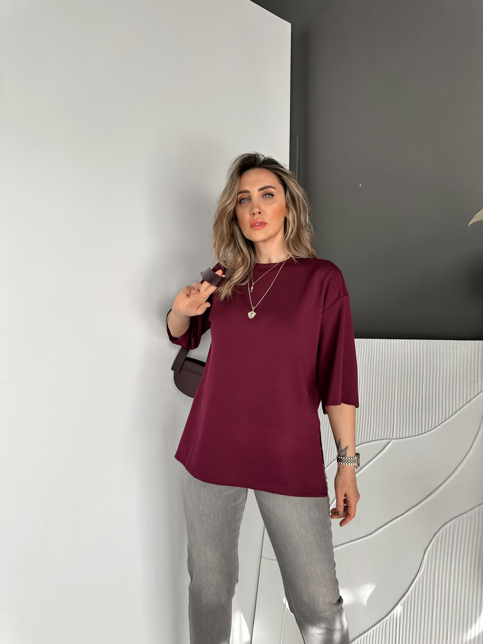 Bordo Yırtmaçlı Salaş Tshirt