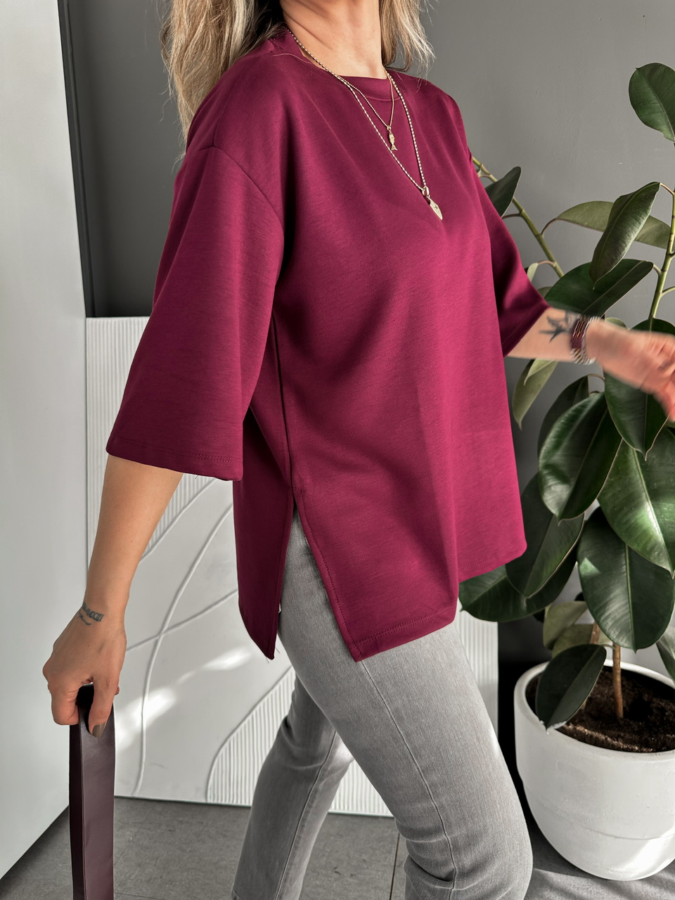 Bordo Yırtmaçlı Salaş Tshirt