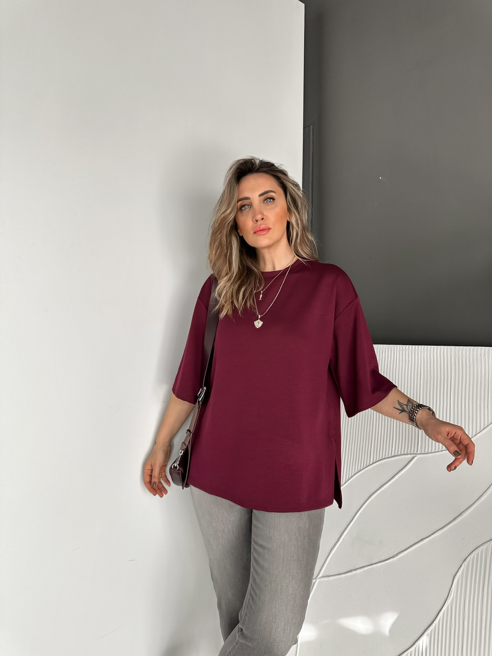 Bordo Yırtmaçlı Salaş Tshirt