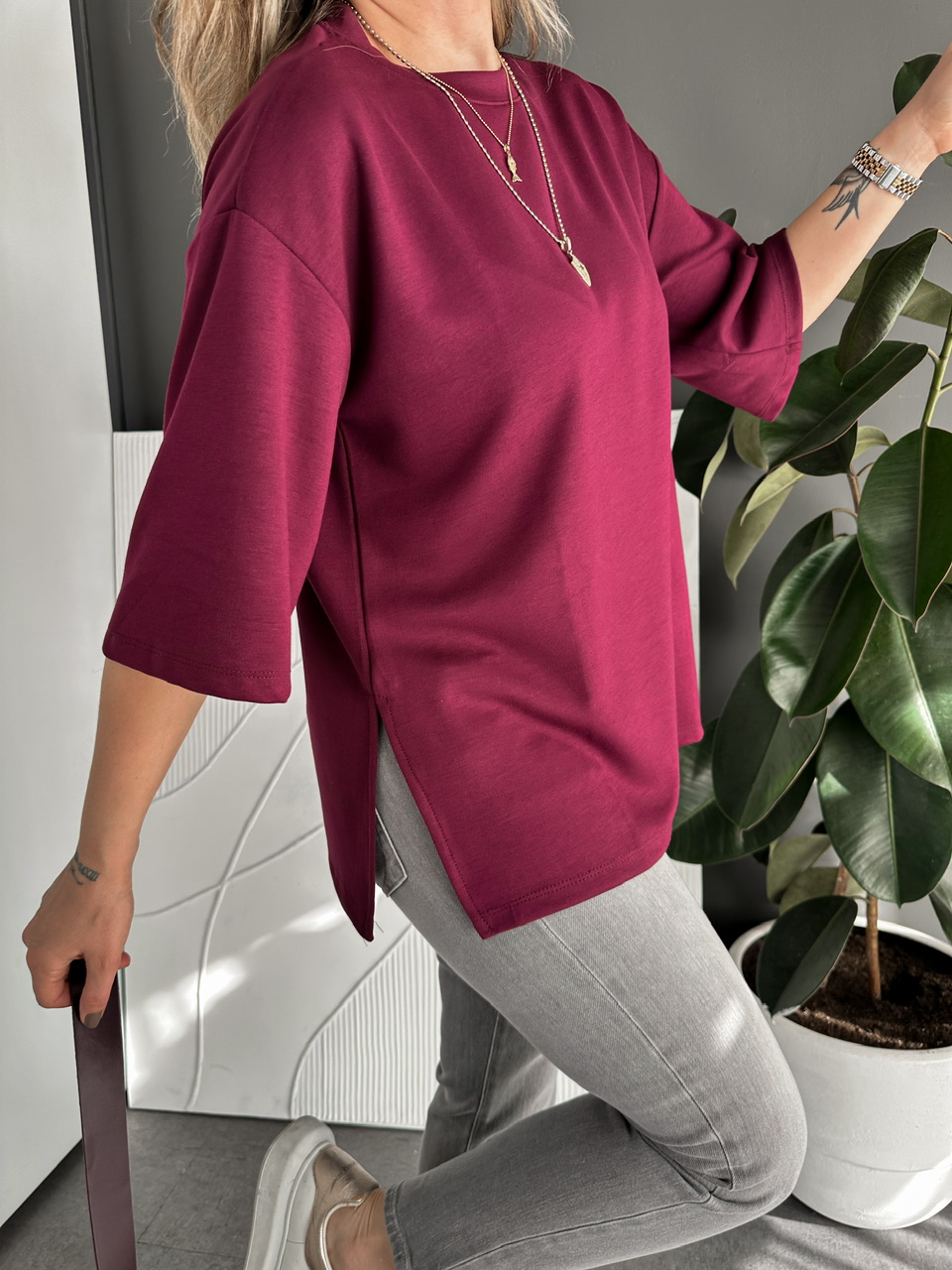 Bordo Yırtmaçlı Salaş Tshirt