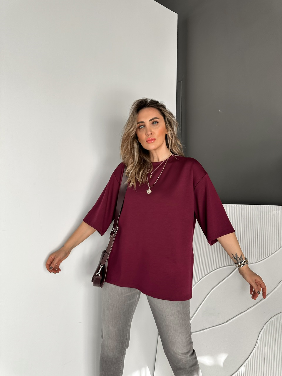 Bordo Yırtmaçlı Salaş Tshirt