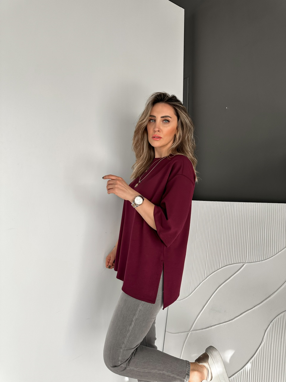 Bordo Yırtmaçlı Salaş Tshirt