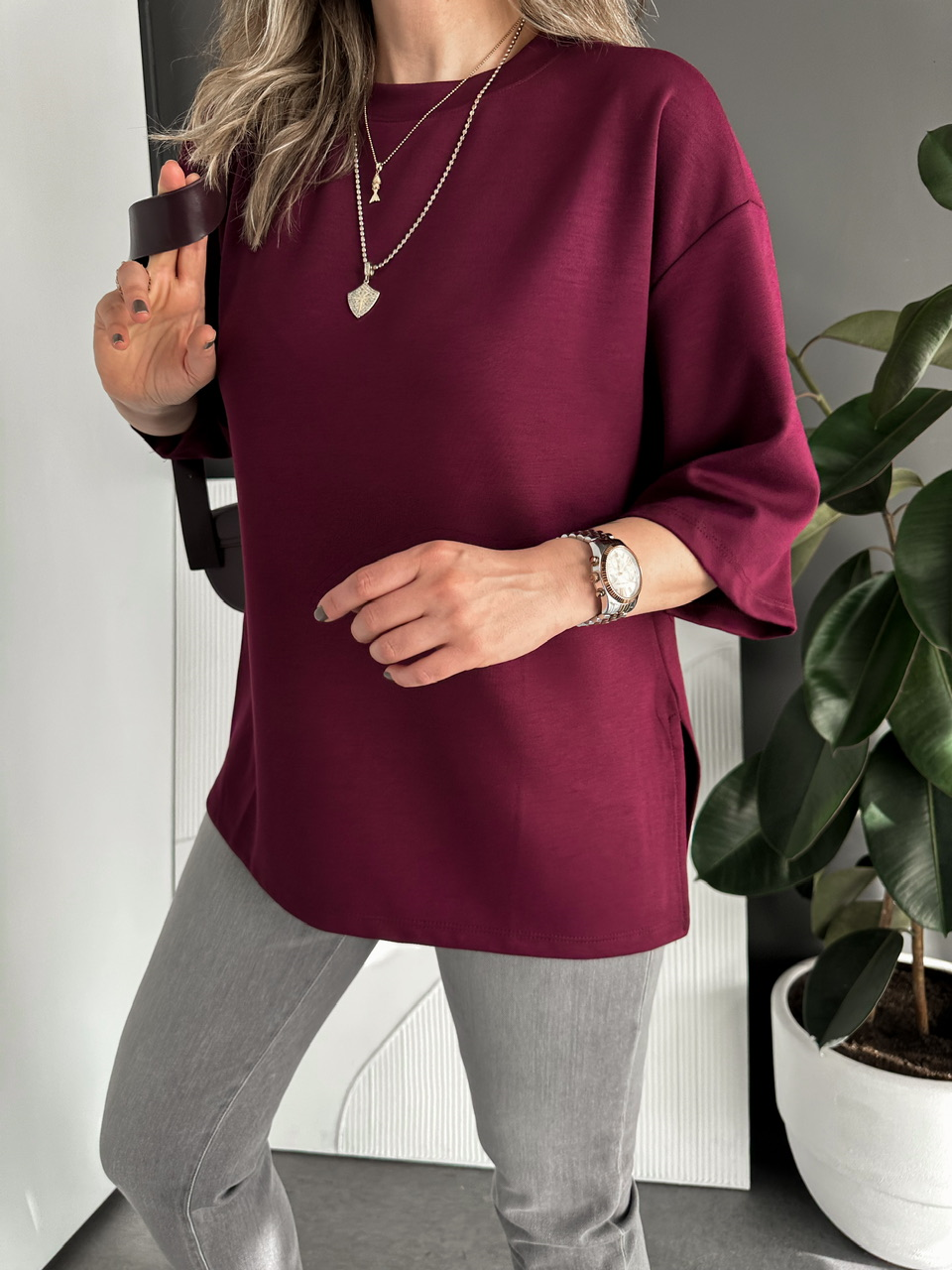 Bordo Yırtmaçlı Salaş Tshirt