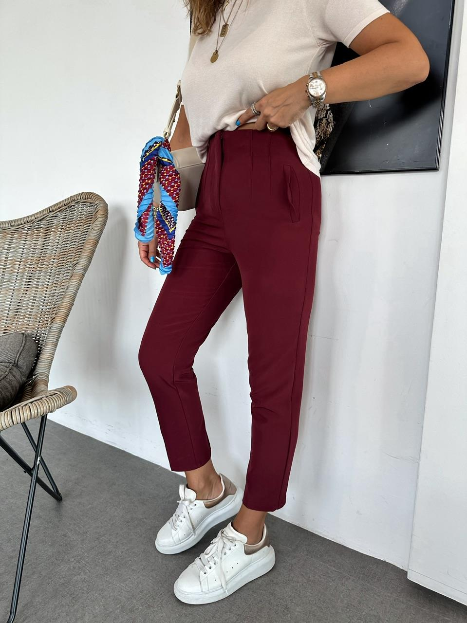 Bordo Yüksek Bel Fistolu Pantolon