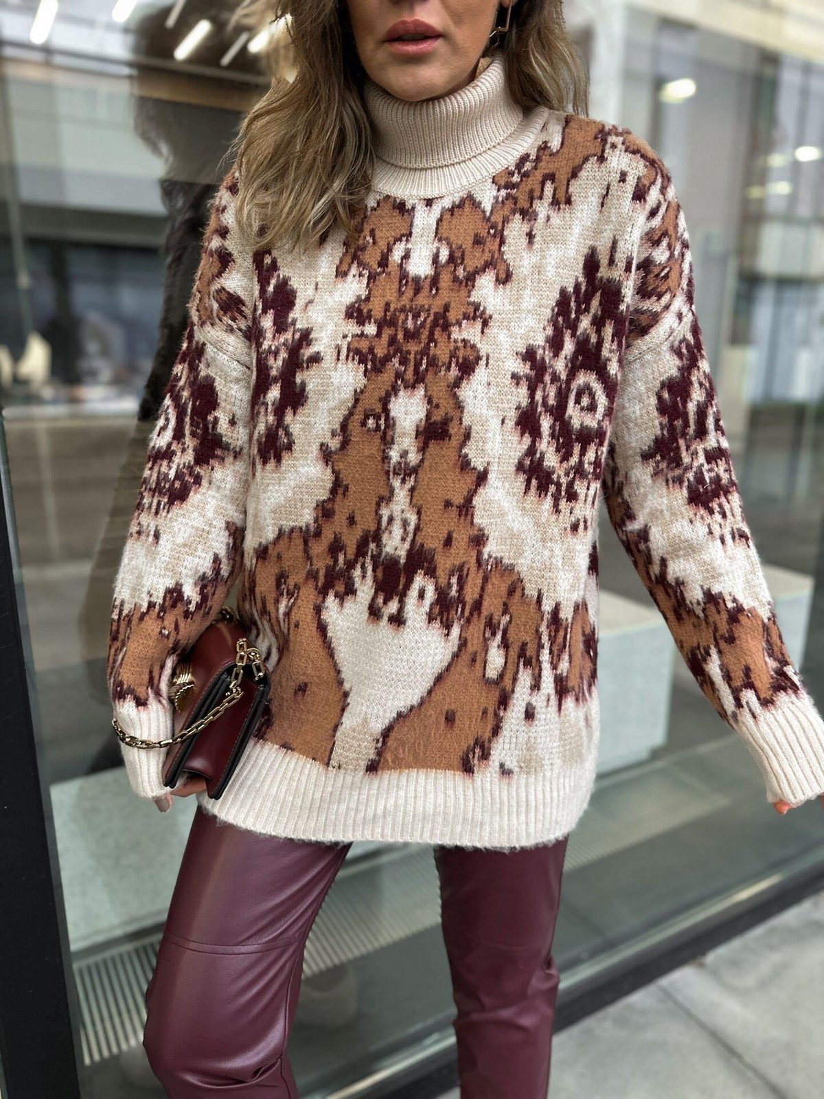 Camel Batik Desen Balıkçı Yaka Kazak