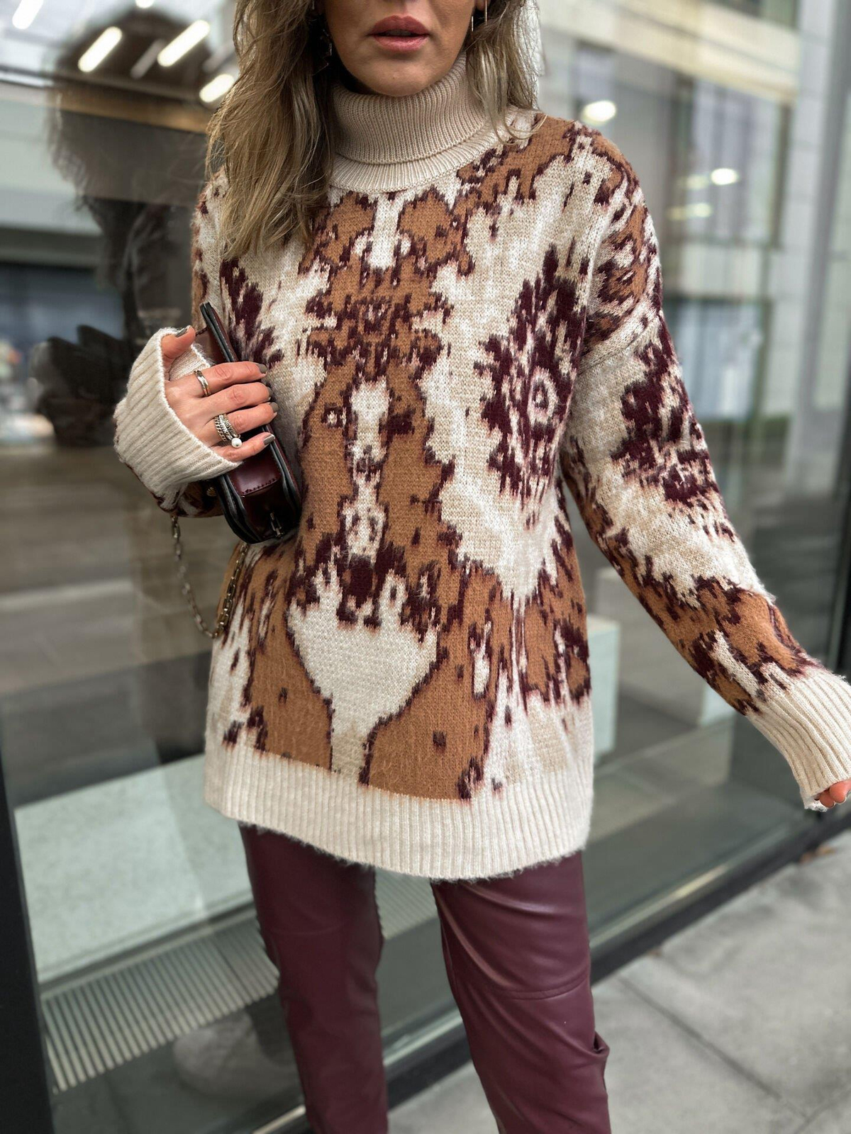 Camel Batik Desen Balıkçı Yaka Kazak