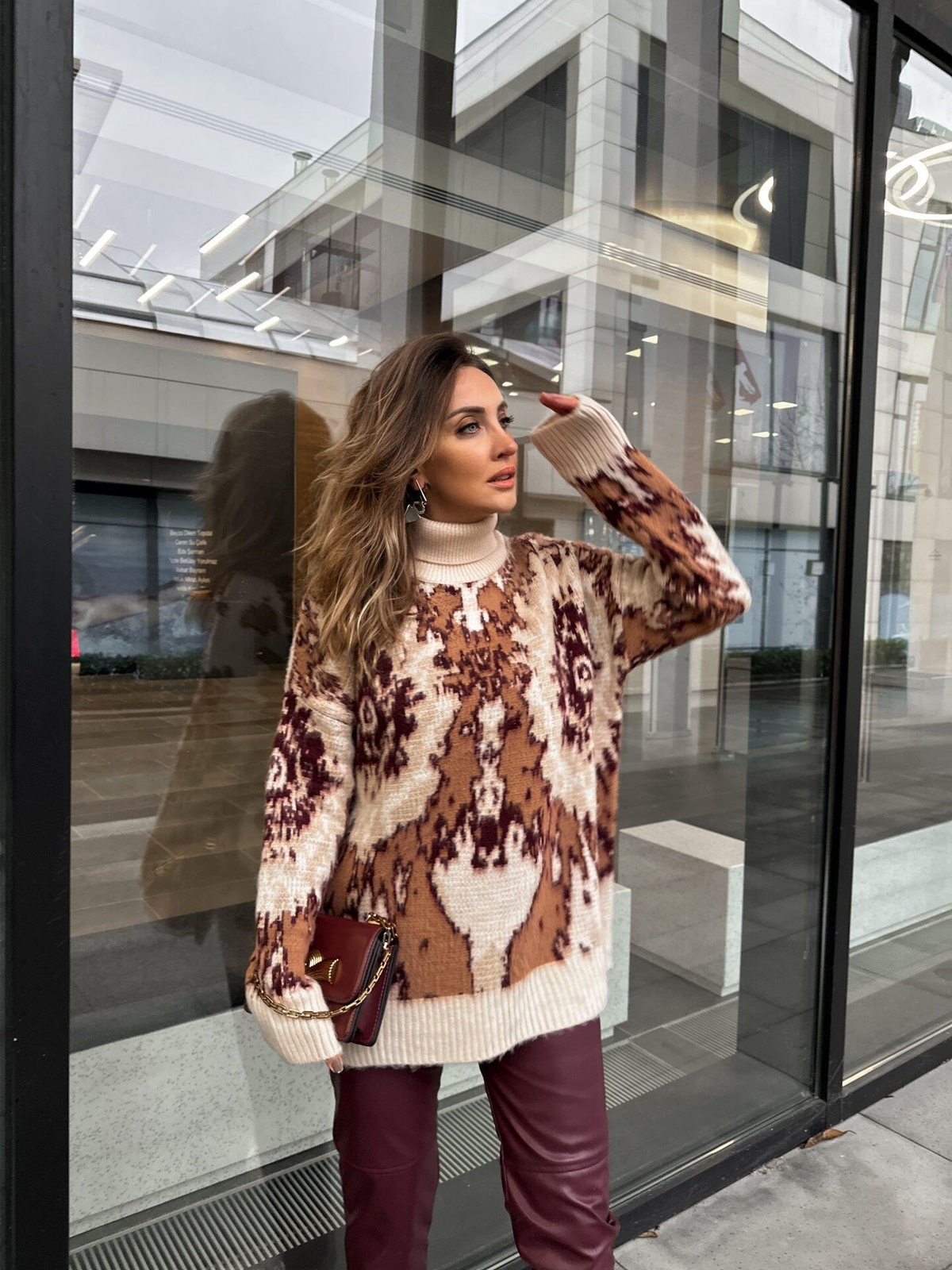 Camel Batik Desen Balıkçı Yaka Kazak